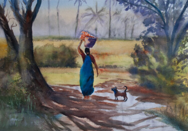 Painting titled "Vie indienne" by Michelle Thébault (Farane), Original Artwork, Watercolor