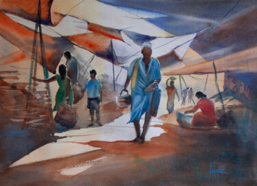 Peinture intitulée "Marché Inde" par Michelle Thébault (Farane), Œuvre d'art originale, Aquarelle