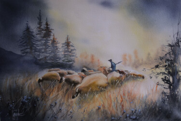Painting titled "Les moutons" by Michelle Thébault (Farane), Original Artwork, Watercolor