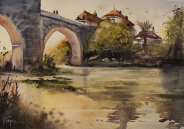 Pittura intitolato "Pont d'Orthez" da Michelle Thébault (Farane), Opera d'arte originale, Acquarello