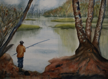 Pintura intitulada "pêcheur de l'étang" por Michelle Thébault (Farane), Obras de arte originais, Aquarela
