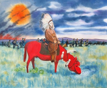 Pintura titulada "Cheval rouge" por Michel Munier, Obra de arte original, Acuarela