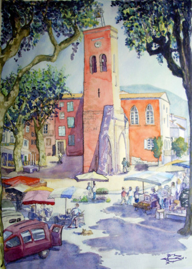 Peinture intitulée "Le petit marché de…" par Michel Munier, Œuvre d'art originale, Aquarelle Monté sur Carton