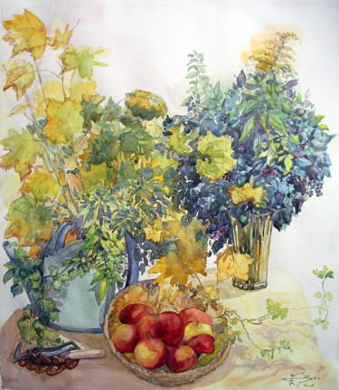 Painting titled "Retour du jardin" by Michel Munier, Original Artwork, Watercolor