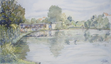 Painting titled "Pêcheurs au Lac Mar…" by Michel Munier, Original Artwork, Oil