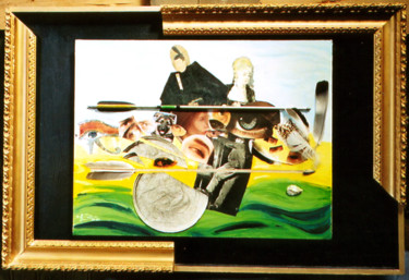 Malerei mit dem Titel "L'étrange histoire…" von Michel Munier, Original-Kunstwerk, Öl Auf Holzplatte montiert