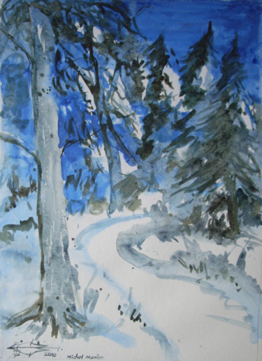 Peinture intitulée "Neige en forêt" par Michel Munier, Œuvre d'art originale, Aquarelle