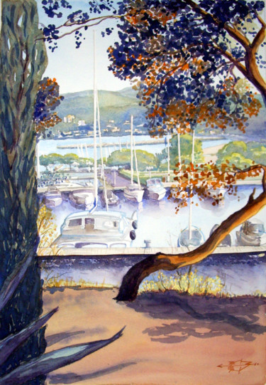 Painting titled "Le port de Bormes L…" by Michel Munier, Original Artwork, Watercolor