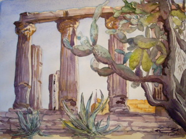 Peinture intitulée "Au temple de la dée…" par Michel Munier, Œuvre d'art originale, Huile