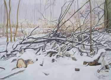 Painting titled "Forêt enneigée" by Michel Munier, Original Artwork, Watercolor