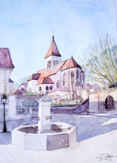 Картина под названием "Vue de l'église de…" - Michel Munier, Подлинное произведение искусства, Акварель