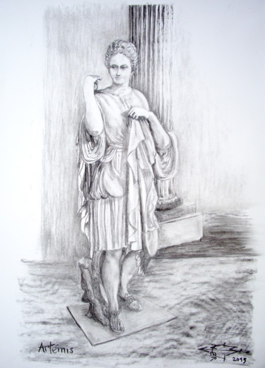 Drawing titled "ARTÉMIS" by Michel Munier, Original Artwork, Charcoal