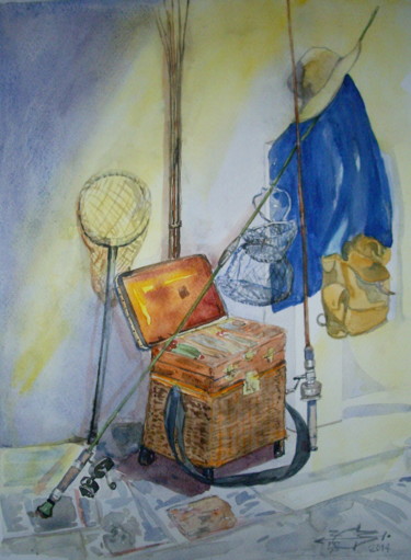 Pittura intitolato "Allons à la pêche !" da Michel Munier, Opera d'arte originale, Acquarello