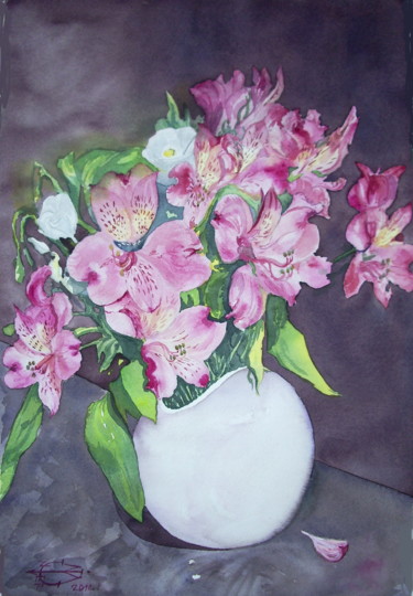 Painting titled "Fleurs 14" by Michel Munier, Original Artwork, Watercolor