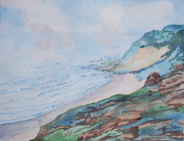 Pintura intitulada "La Corniche basque" por Michel Munier, Obras de arte originais, Aquarela