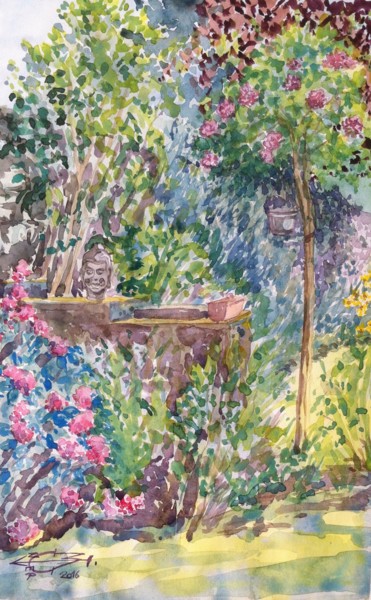 Malerei mit dem Titel "Boudha aux hortensi…" von Michel Munier, Original-Kunstwerk, Aquarell