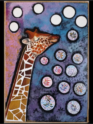 Painting titled "Giraffa" by Patrizia Micheloni (Pz20FantaGhiro), Original Artwork, Acrylic Mounted on Wood Panel