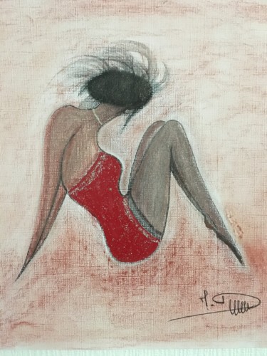 Drawing titled "La petite robe rouge" by Michel Philippeau, Original Artwork, Pastel