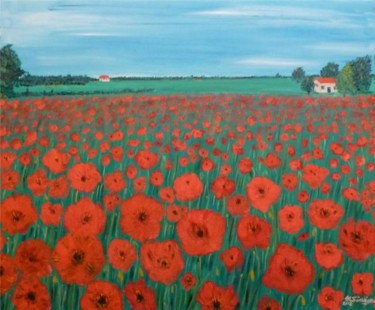 Schilderij getiteld "pré aux coquelicots…" door Michel Salvigni, Origineel Kunstwerk