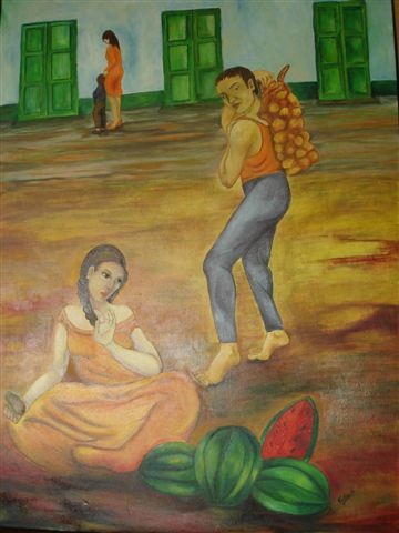 Peinture intitulée "marche des fruit" par Nydia Eugenia, Œuvre d'art originale, Huile