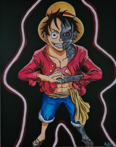 Painting titled "Luffy Vs Terminator" by Mickael Hert, Original Artwork, Acrylic Mounted on Wood Stretcher frame