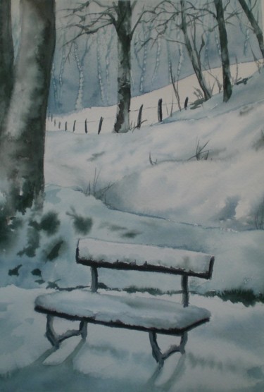 Peinture intitulée "banc sous la neige…" par Mickael Thébault, Œuvre d'art originale