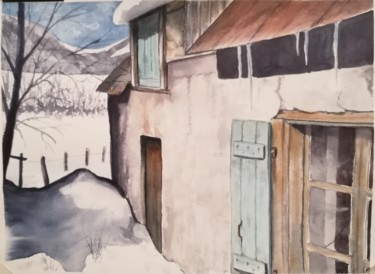 Painting titled "Grange en hiver" by Mickael Thébault, Original Artwork, Watercolor