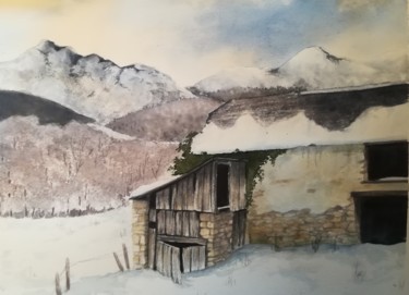 Painting titled "Grange en hiver 2" by Mickael Thébault, Original Artwork, Watercolor