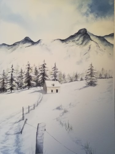 Painting titled "Grange en hiver 3" by Mickael Thébault, Original Artwork, Watercolor