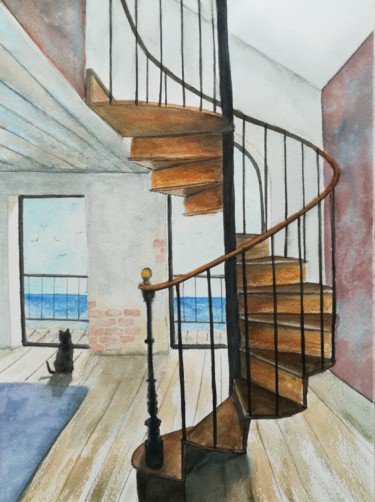 Painting titled "Escalier" by Mickael Thébault, Original Artwork, Watercolor