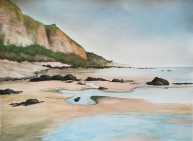 Painting titled "Plage Normandie" by Mickael Thébault, Original Artwork, Watercolor