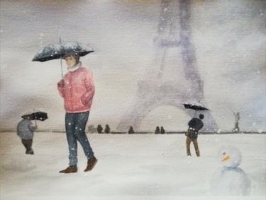 Painting titled "Tour Eiffel neige" by Mickael Thébault, Original Artwork, Watercolor