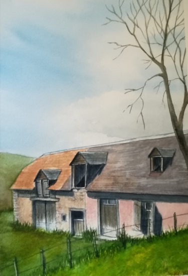 Painting titled "Maison rose Espèche" by Mickael Thébault, Original Artwork, Watercolor