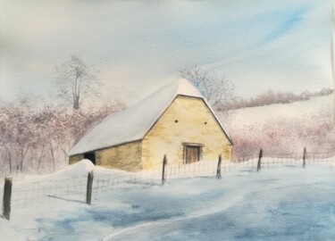 Peinture intitulée "Grange sous neige" par Mickael Thébault, Œuvre d'art originale, Aquarelle