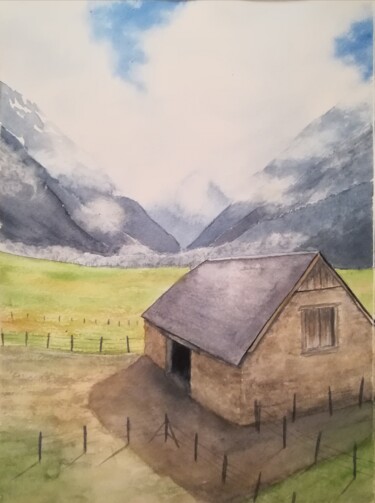 Pintura titulada "Grange montagne" por Mickael Thébault, Obra de arte original, Acuarela