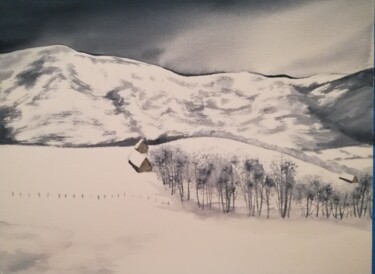 Painting titled "Paysage neige" by Mickael Thébault, Original Artwork, Watercolor