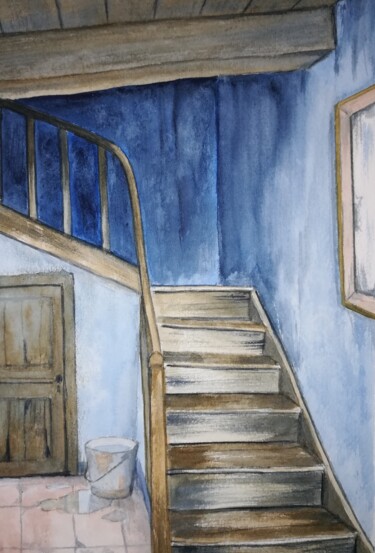 Pittura intitolato "Escalier bleu" da Mickael Thébault, Opera d'arte originale, Acquarello