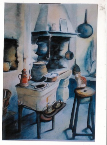 Malerei mit dem Titel "chat dans la cuisine" von Mickael Thébault, Original-Kunstwerk