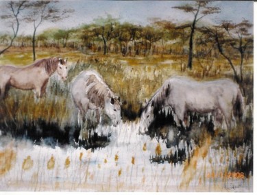 Peinture intitulée "chevaux camarguais" par Mickael Thébault, Œuvre d'art originale