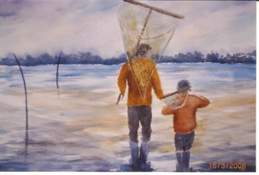 Peinture intitulée "pêcheurs" par Mickael Thébault, Œuvre d'art originale