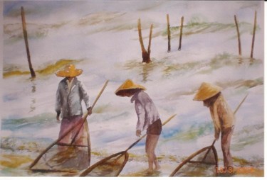 Peinture intitulée "pêcheurs asiatiques" par Mickael Thébault, Œuvre d'art originale