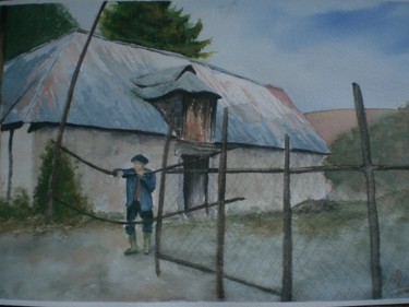 Peinture intitulée "devant sa grange" par Mickael Thébault, Œuvre d'art originale