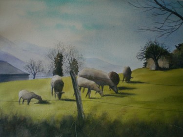 Peinture intitulée "moutons à Laborde" par Mickael Thébault, Œuvre d'art originale