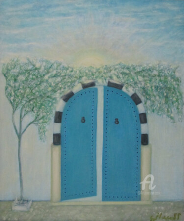 Painting titled "Door of Hope" by Tarek Midani, Original Artwork, Oil Mounted on Wood Stretcher frame