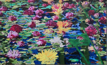 Painting titled "The water lilies, l…" by Mieke Van Os, Original Artwork, Acrylic Mounted on Aluminium