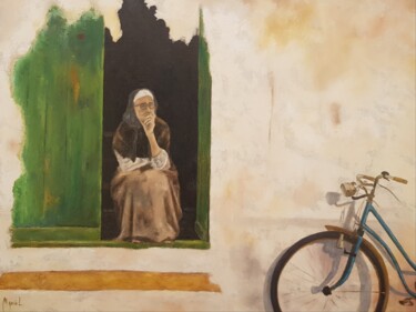Painting titled "Payesa y bicicleta" by Miguel Angel García López, Original Artwork, Oil Mounted on Wood Stretcher frame