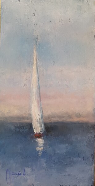 Painting titled "Velero en travesia" by Miguel Angel García López, Original Artwork, Oil Mounted on Wood Panel