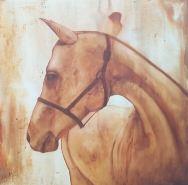 Painting titled "Caballo Árabe" by Miguel Angel García López, Original Artwork, Oil Mounted on Wood Stretcher frame