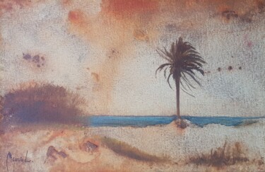 Pintura intitulada "Paisaje y palmera" por Miguel Angel García López, Obras de arte originais, Óleo Montado em Painel de mad…