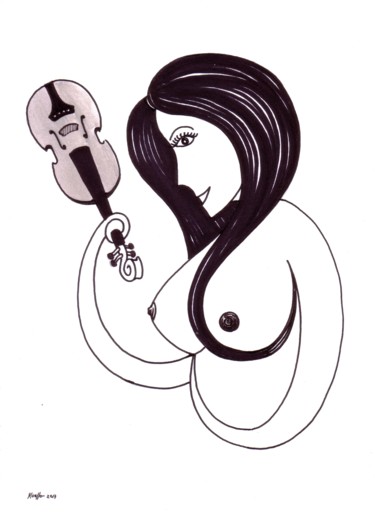 Drawing titled "WOMAN WITH VIOLIN 1…" by Miguel Esquivel Kuello, Original Artwork, Ink